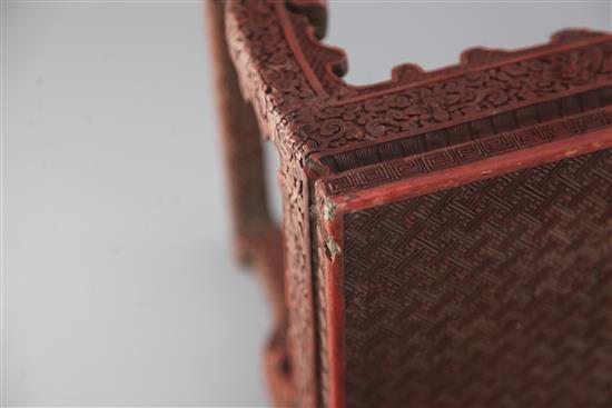 A Chinese cinnabar lacquer small table, 18th / 19th century, W.8cm D.26cm H.25cm